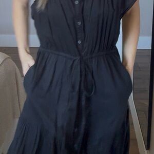 Gap 100% cotton lined black maxi dress draw string waist Large